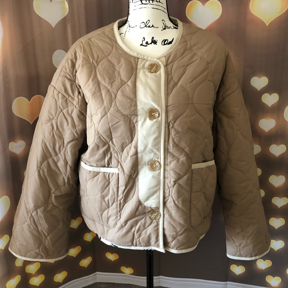 Coat jacket reversible cozy khaki beige tan pocket quilted puffer pocket women - Picture 13 of 15